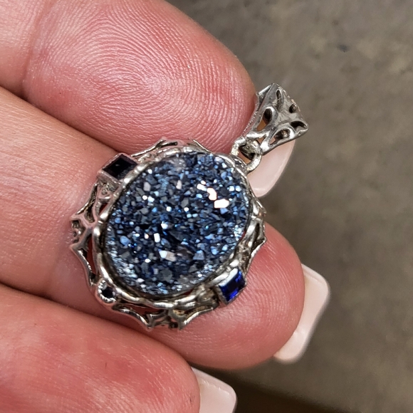 GLISTENING Antique 925 Sterling Silver Filigree Blue Sapphire pendant - Picture 3 of 8